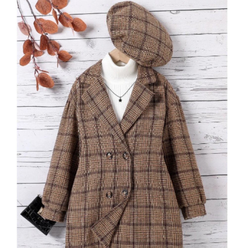 Girls Plaid Lapel Neck Double Breasted Overcoat & Newsboy Hat, sz 11-12